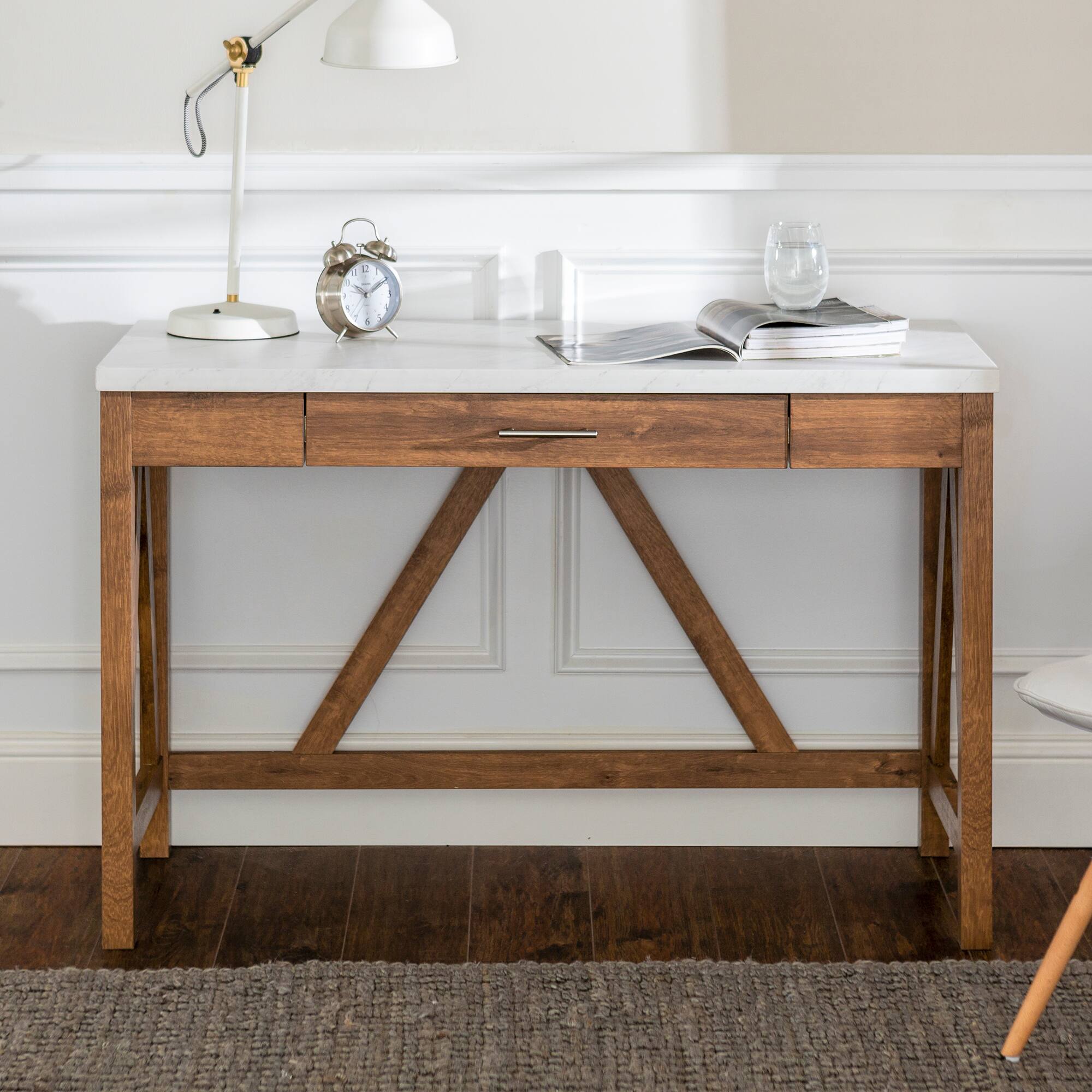 Walker Edison 46" Natural Walnut/Faux White Marble A Frame Wood Computer Desk with Drawer